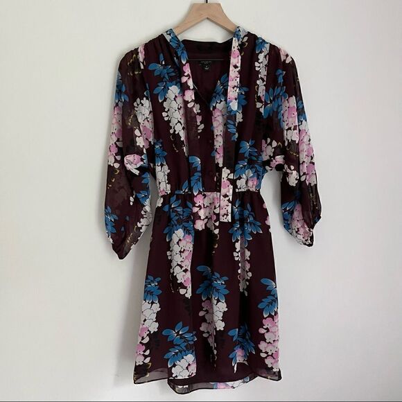 Ann Taylor Women’s Floral Tie Neck Shirt Dress Brown Pink Size‎ Small Petite - Picture 5 of 11